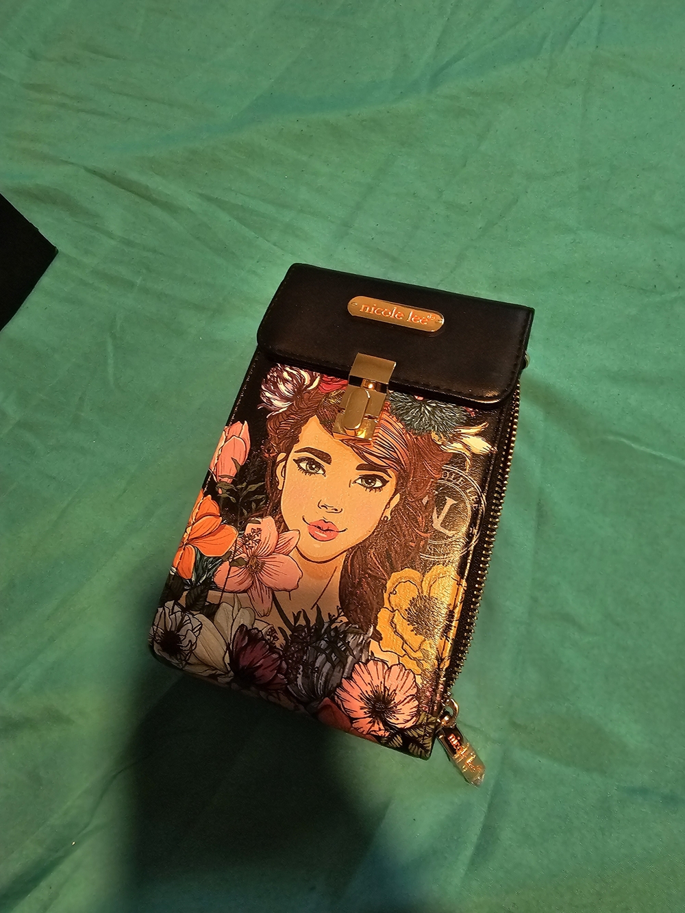 Nicole Lee Black Floral Portrait Crossbody Purse